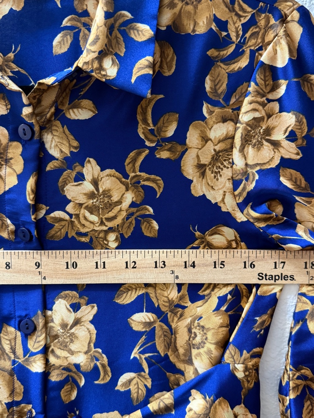 ZARA Blue Floral Satin Maxi Shirt Dress S Boho Oriental Caftan Long Sleeve - Picture 8 of 15